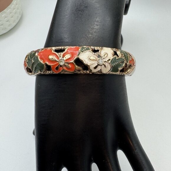 Jiu Long Xing Enamel Hinged Bracelet Filigree Butterflies & Flowers Brass Metal - Picture 1 of 10